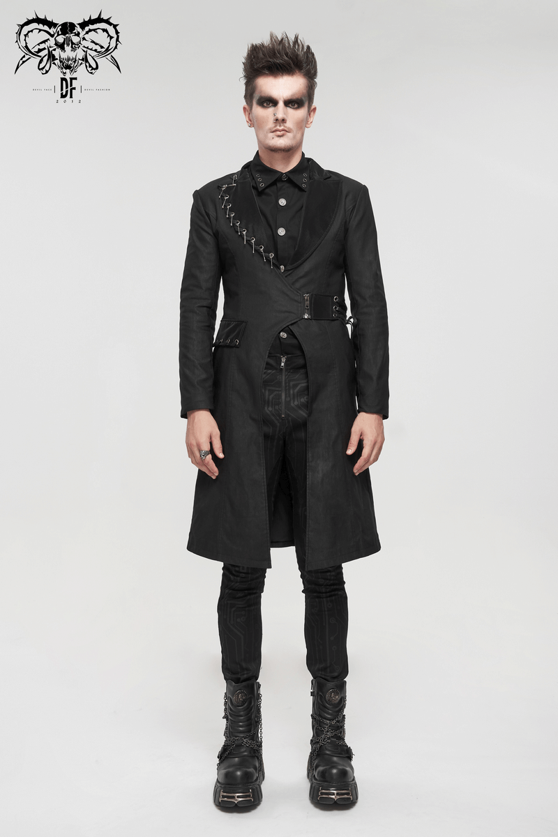 Men's gothic punk black slim fit coat with lace-up design and unique accessories.