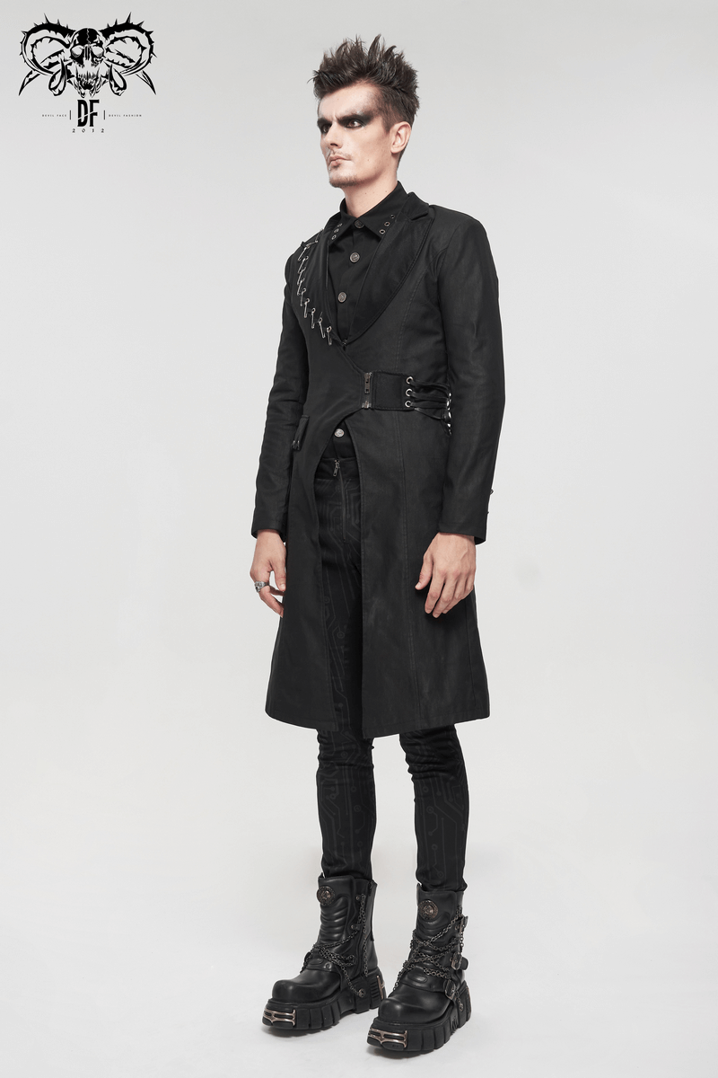 Stylish men's gothic punk black coat with lace-up design and slim fit, perfect for a modern gothic look.