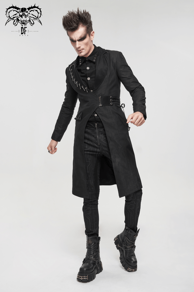 Men's gothic punk mid-length black coat with slim fit design, stylish pins, and lace-up details.
