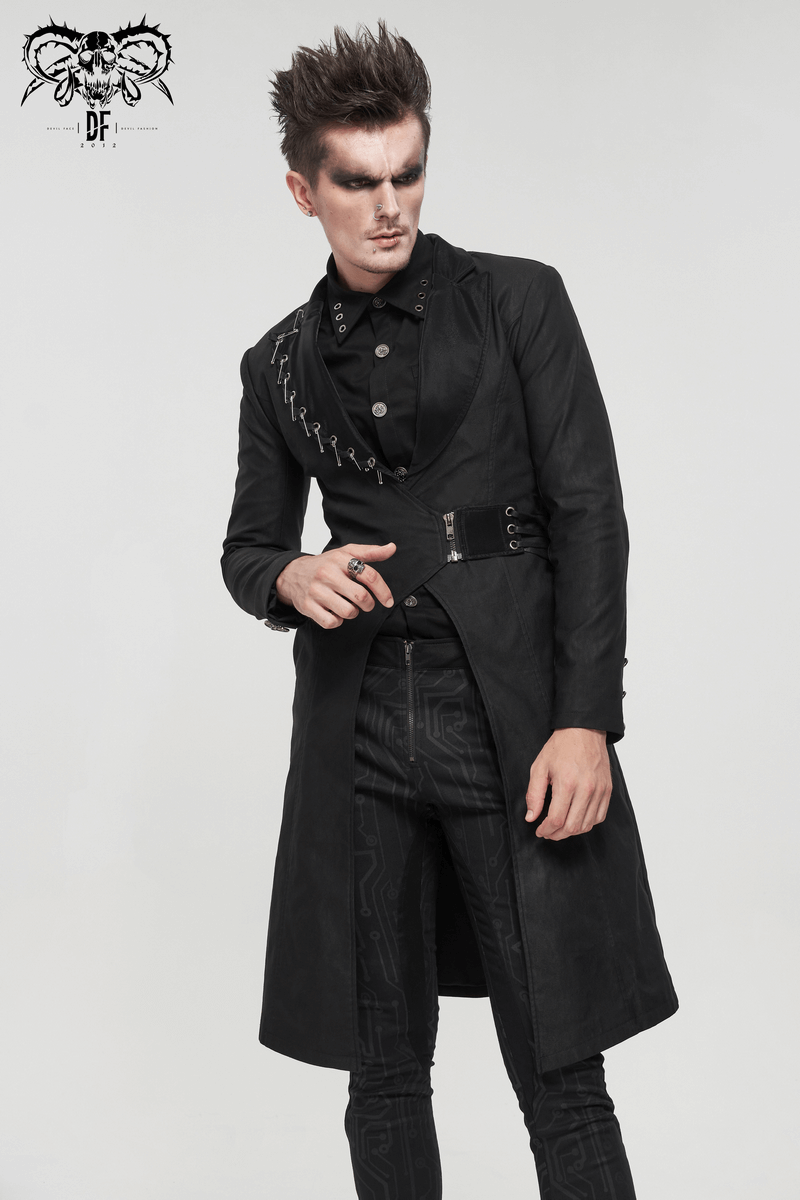 Stylish men's gothic black mid-length coat with slim fit, pins, and lace-up details, perfect for a modern punk look.