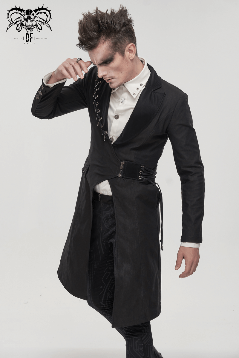 Gothic punk men's black slim fit coat featuring lace-up details and a stylish modern design.