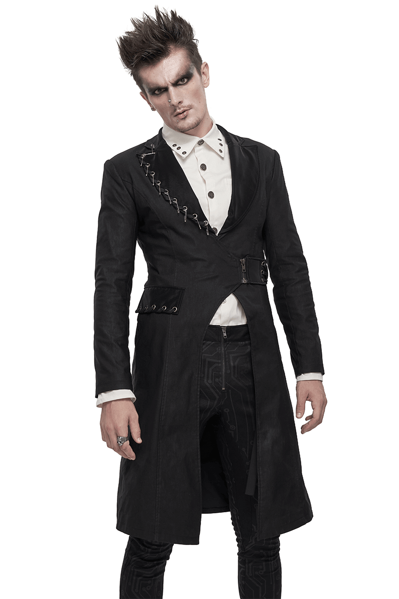 Gothic Punk Mid-Length Black Coat / Men's Slim fit Coat With Pins and Lace-up - HARD'N'HEAVY