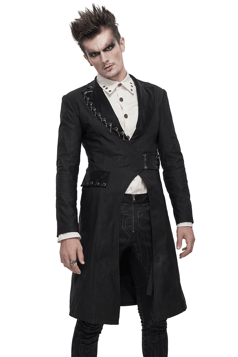 Men's gothic punk black coat with modern lace-up and pins, showcasing a slim fit design.