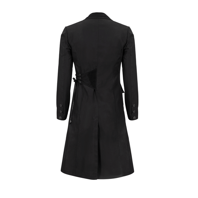 Back view of a men's gothic punk mid-length black coat with a fitted cut and lace-up details.
