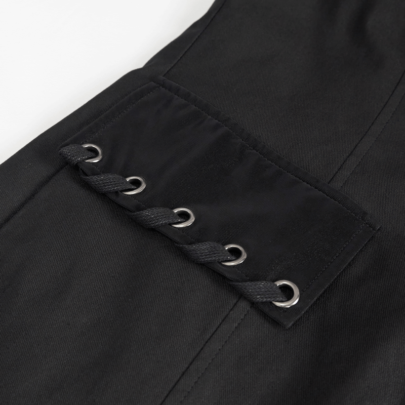 Close-up of lace-up detailing on a gothic punk black coat, showcasing modern design and slim fit.
