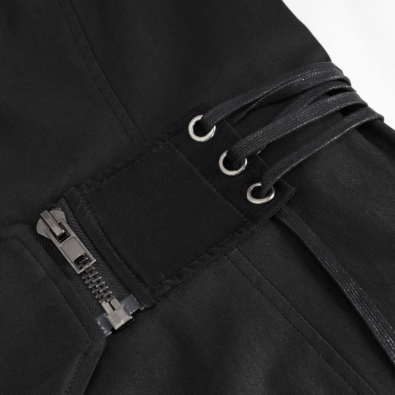 Close-up of the lace-up detail and zipper on a gothic punk black coat for men.
