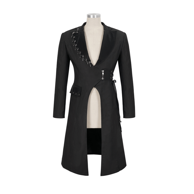 Gothic punk black mid-length coat for men, featuring slim fit design, pins, and lace-up details.