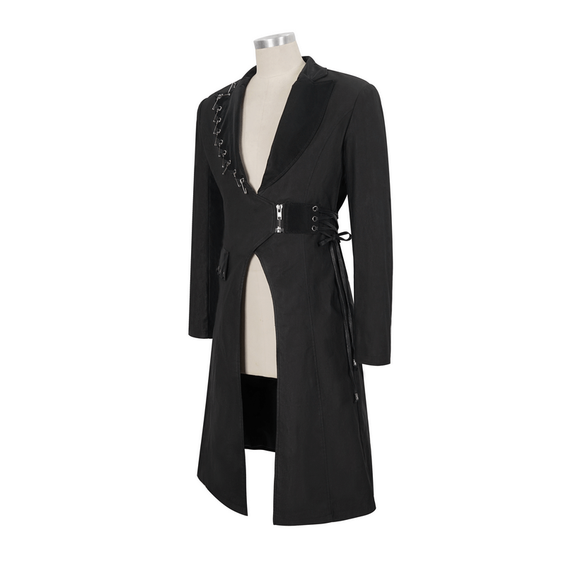 Gothic punk men's mid-length black coat with pins and lace-up details, stylish slim fit design.