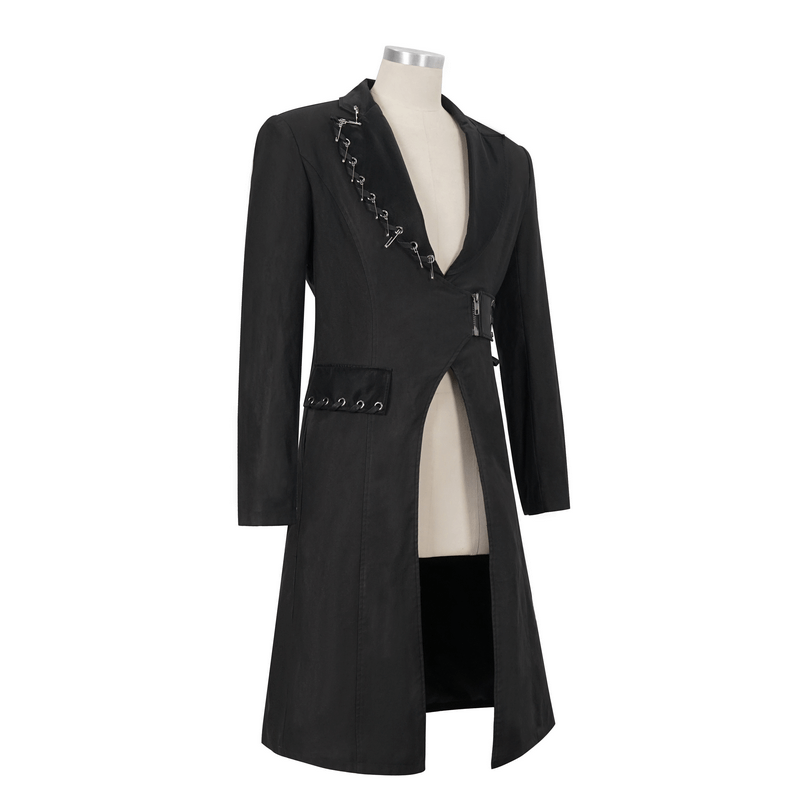 Gothic punk black mid-length coat with slim fit design, featuring pins and lace-up details for a stylish look.
