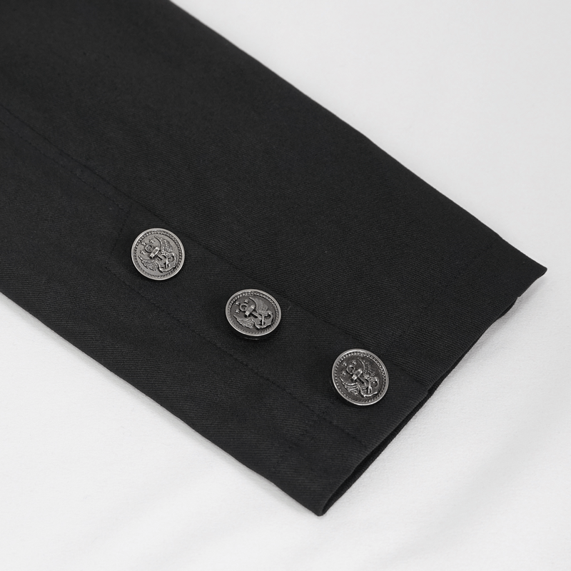 Close-up of black coat sleeve featuring decorative skull buttons, showcasing gothic punk style.