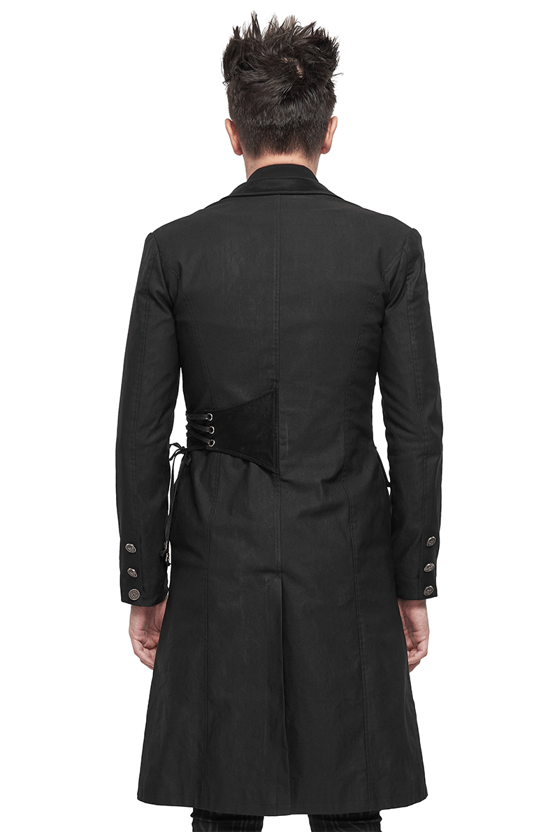 Back view of a men's gothic punk black coat with lace-up details and slim fit design.