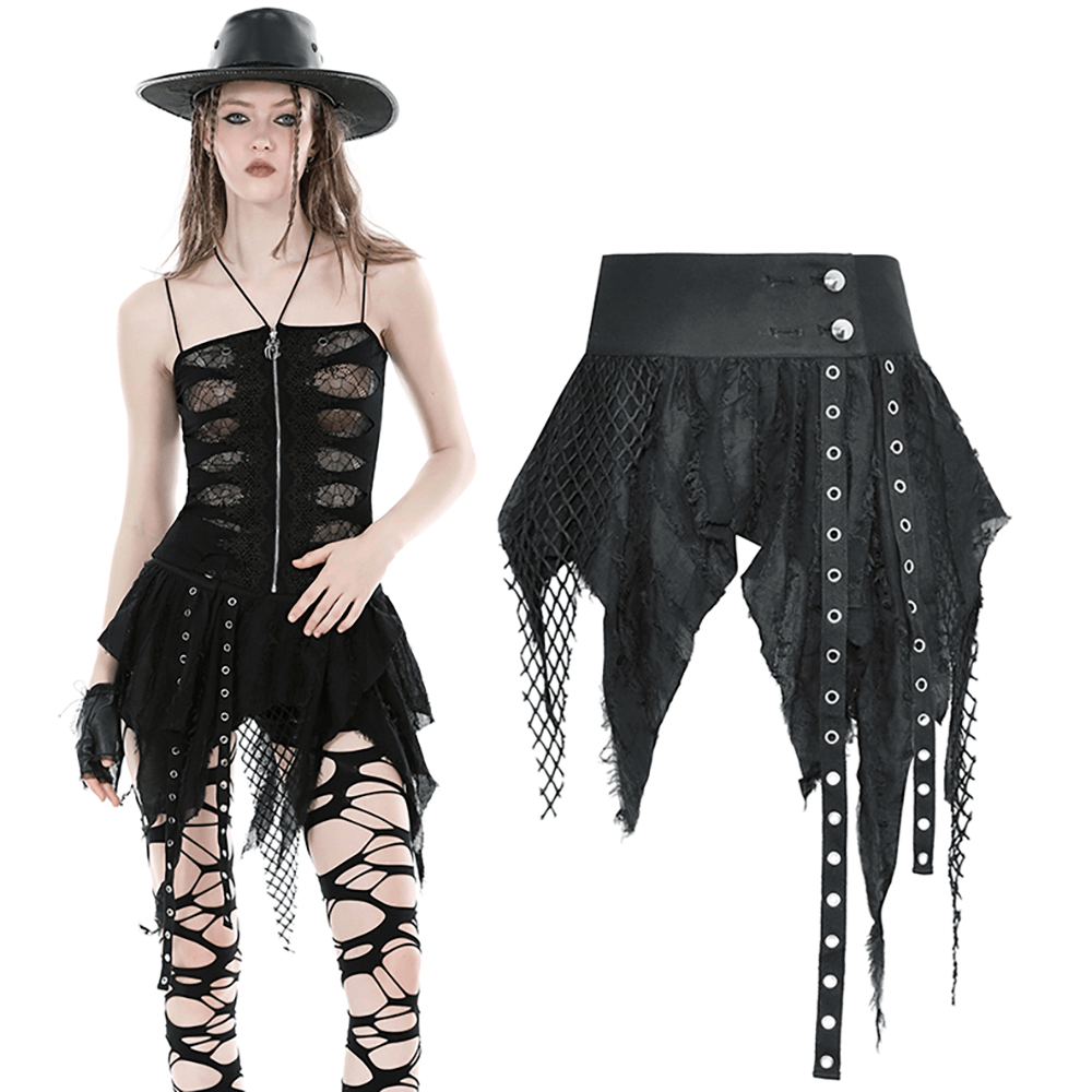 Gothic punk mini skirt with fishnet and fringe accents, edgy black design for a bold rock star look.