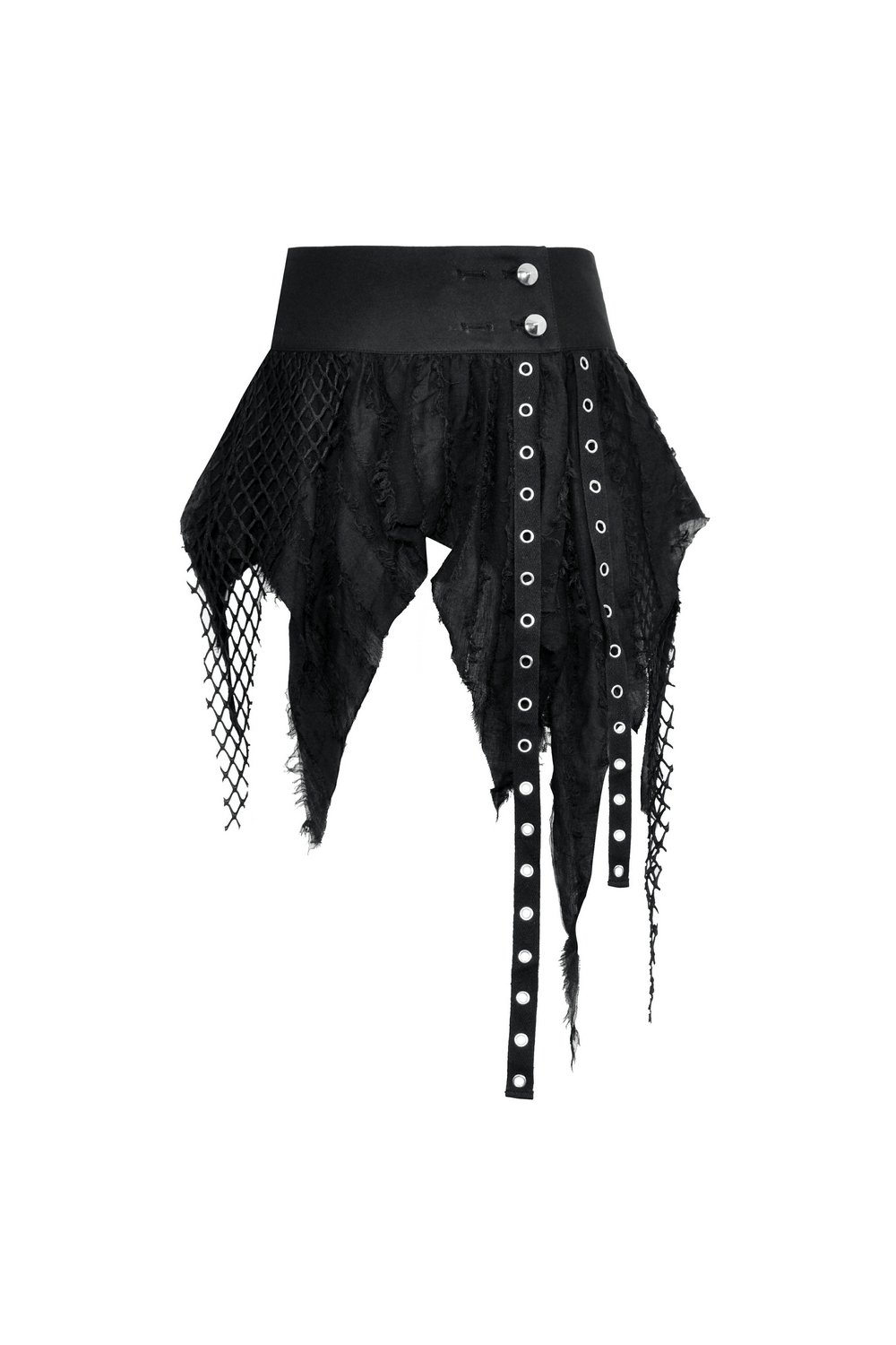 Gothic punk black mini skirt with fishnet and fringe accents, perfect for edgy fashion lovers.
