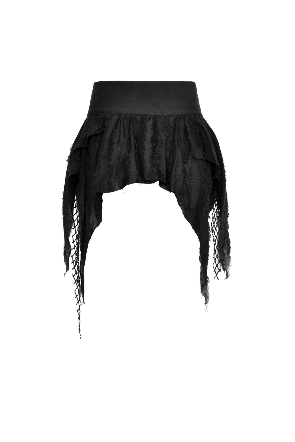 Gothic punk black mini skirt with ripped fishnet and fringe accents for a bold, edgy statement.