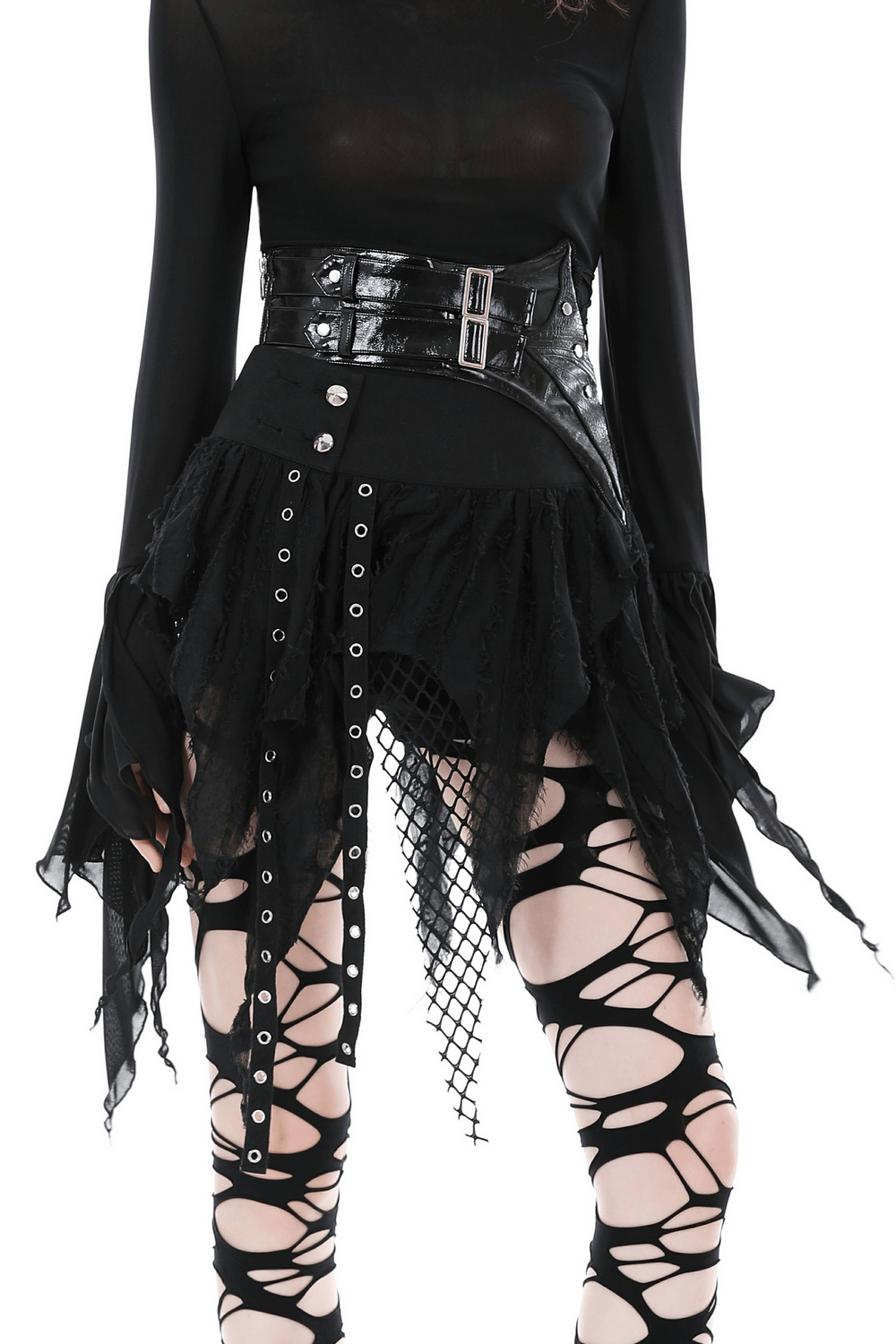Gothic punk mini skirt with fishnet and fringe accents, perfect for a bold fashion statement.