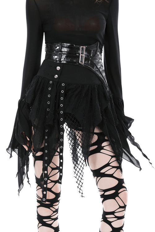 Minifalda gótica punk con detalles de rejilla y flecos