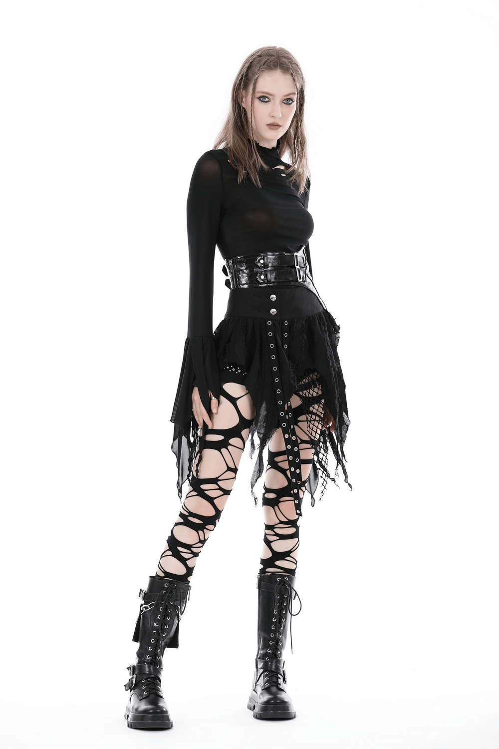Gothic Punk Mini Skirt with Fishnet and Fringe Accents