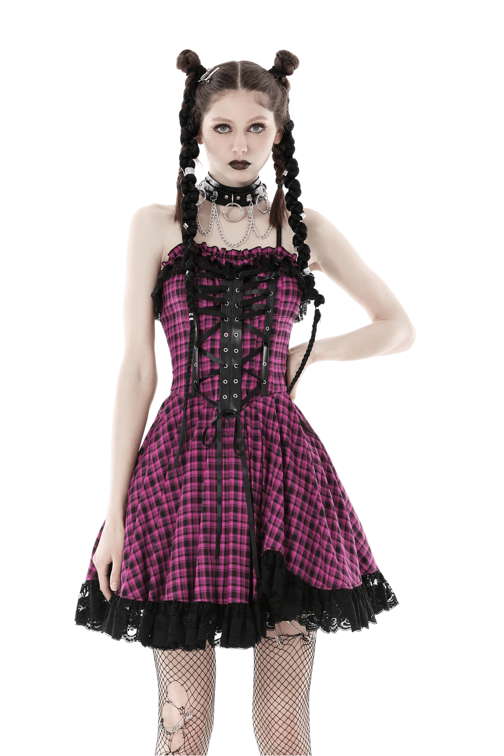 Gothic Punk Plaid Lace-Up Dress with Ruffled Hem