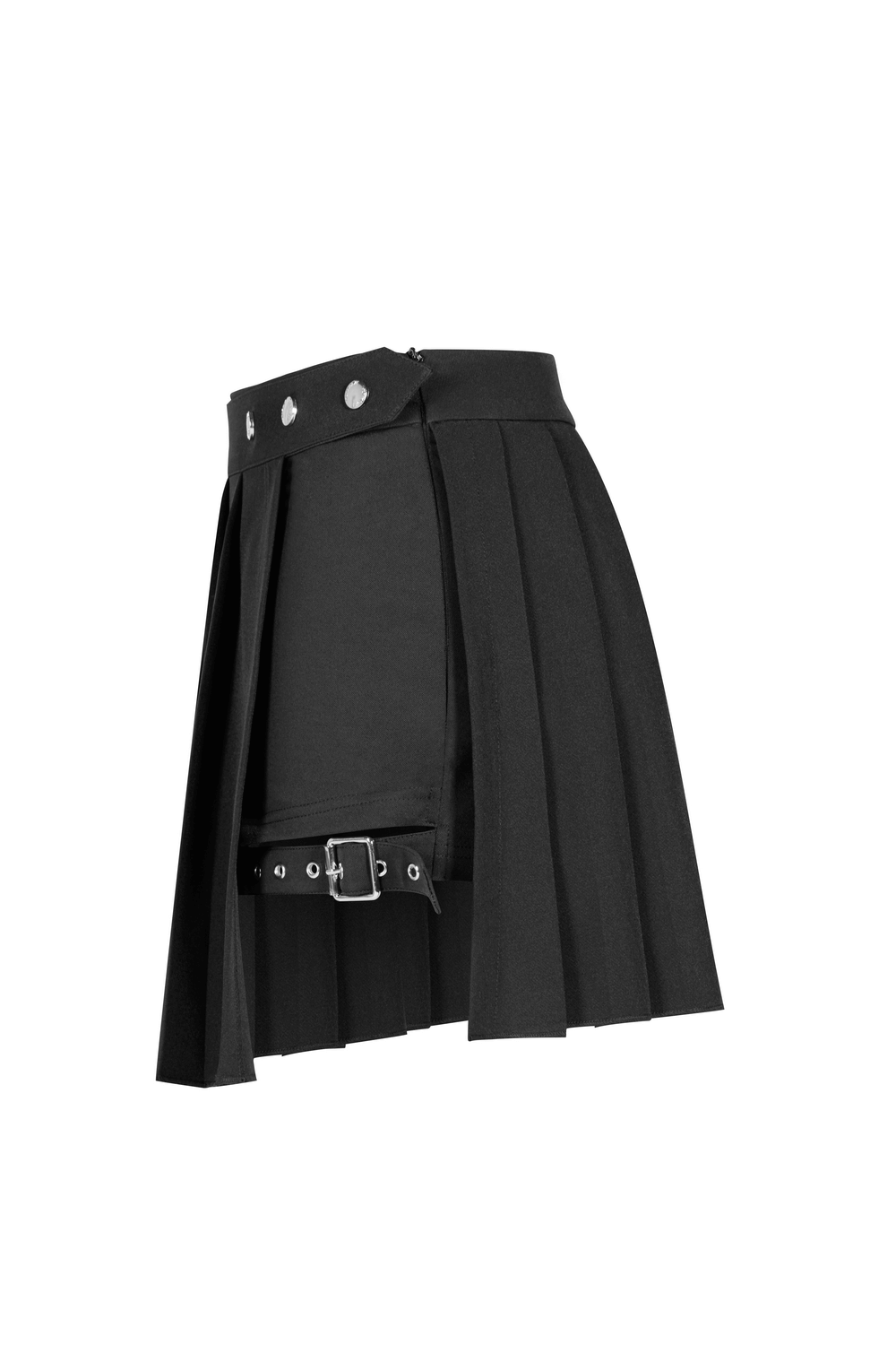 Gothic punk black pleated mini skirt with buckle and button details for an edgy, stylish look.