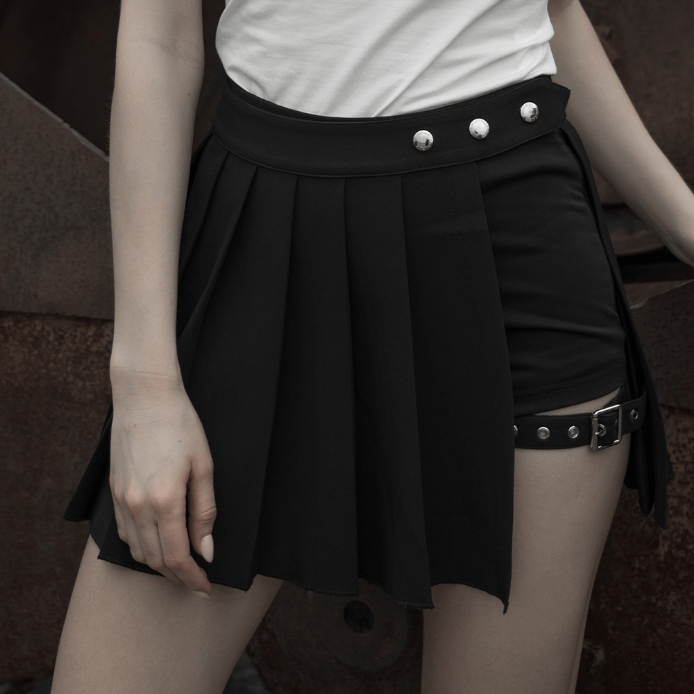 Gothic punk plaid mini skirt with asymmetrical design and button details, perfect for a Kawaii Harajuku style.