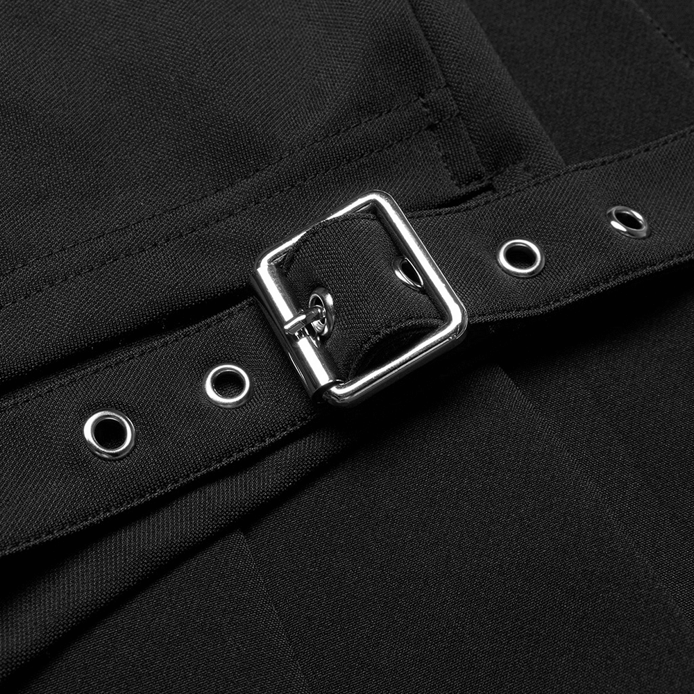 Close-up of the buckle and grommet details on a Gothic Punk plaid mini skirt, showcasing edgy style.