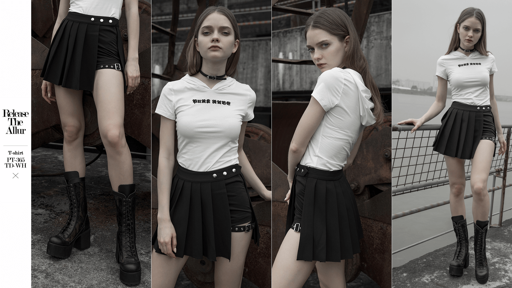 Gothic Punk mini skirt styled with a white tee, showcasing edgy plaid design and button details for a Harajuku look.