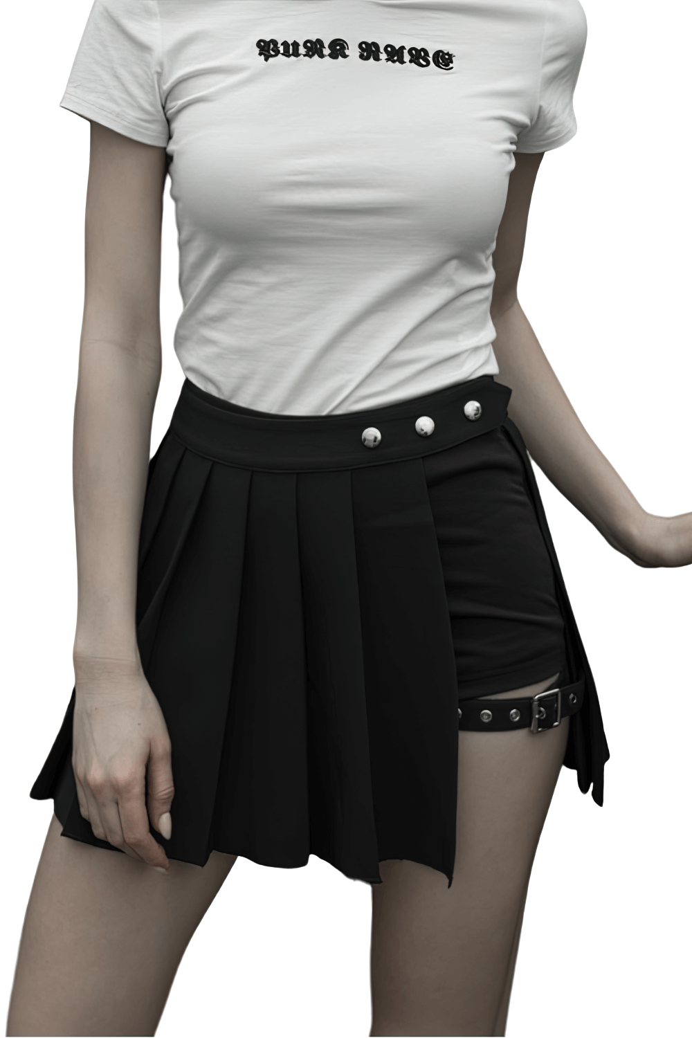 Gothic punk plaid mini skirt with adjustable waist, silver buttons, and pleated design for edgy style.