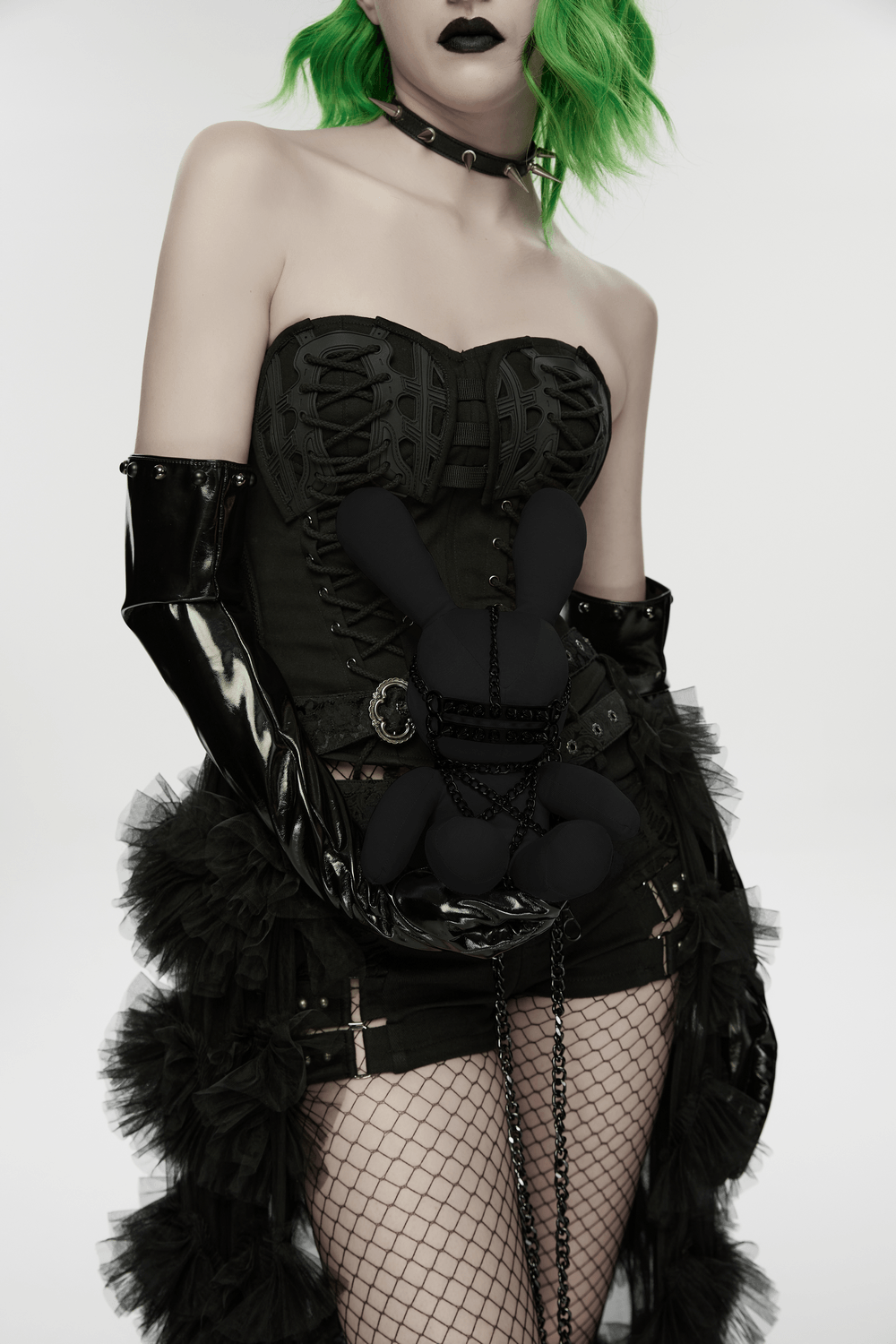 Gothic Punk Rabbit Doll and Body Chain Accessory in a gothic fashion outfit with green hair.