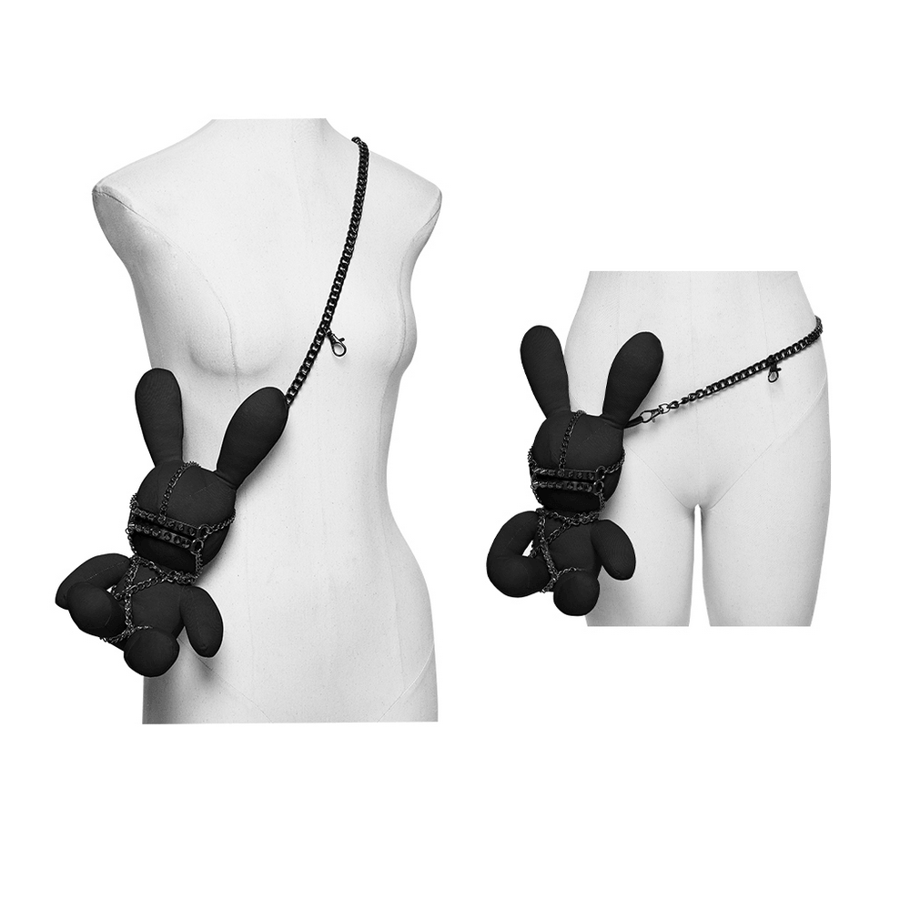 Gothic Punk Rabbit Doll and Body Chain Accessory displayed on a mannequin, showcasing its edgy design and versatility.