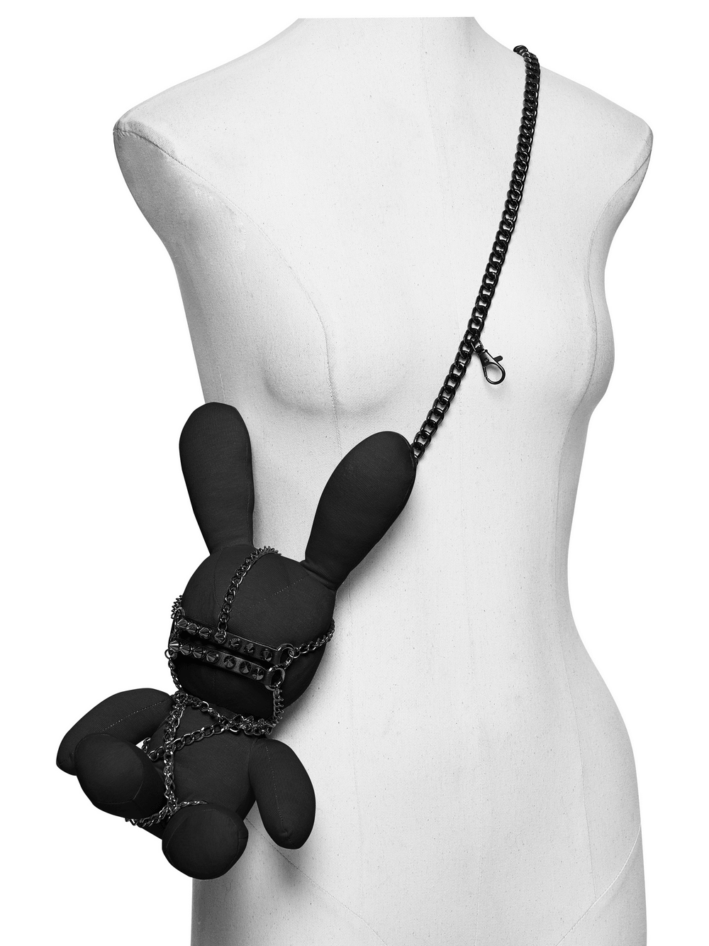 Gothic Punk Rabbit Doll and Body Chain Accessory displayed on mannequin showcasing edgy design and metal harness.