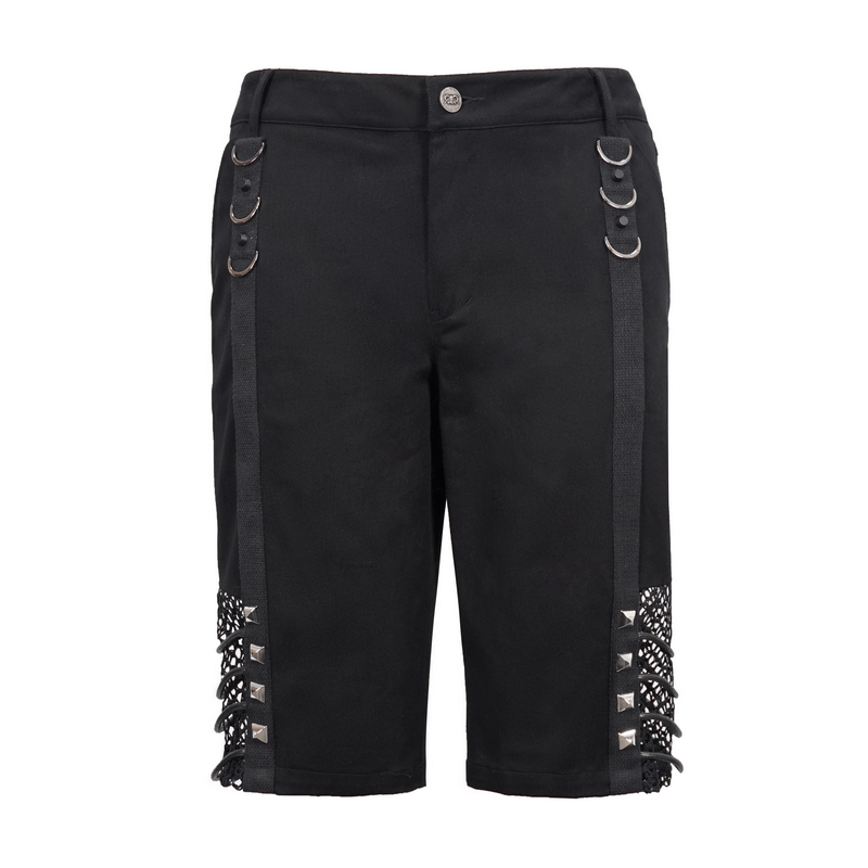 Men's gothic punk rivets mesh shorts in black, featuring silver rivets and stylish mesh inserts.