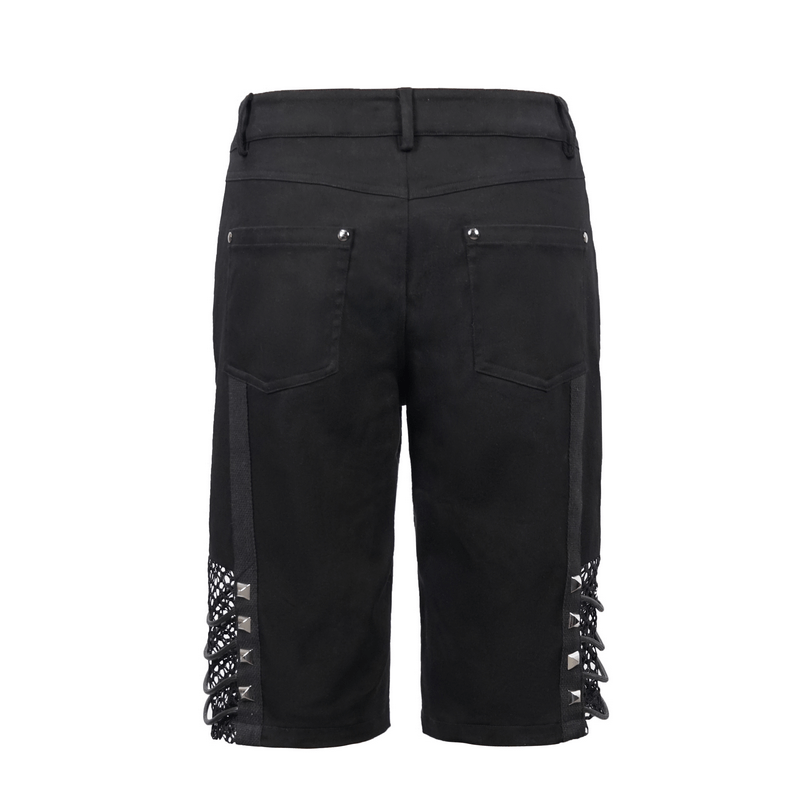 Back view of men's gothic punk rivets mesh shorts in black, featuring stylish lace-up details and a comfortable fit.