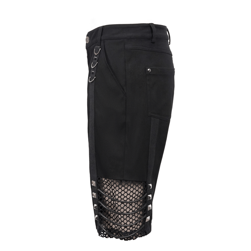 Gothic punk black shorts with mesh inserts and silver rivets for men, showcasing a stylish alternative clothing design.