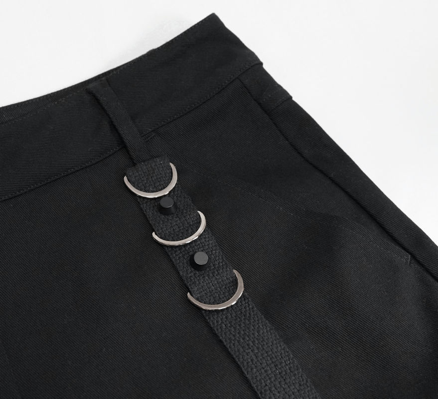 Close-up of black men's shorts featuring silver rivets and a stylish rope belt for a punk-inspired look.