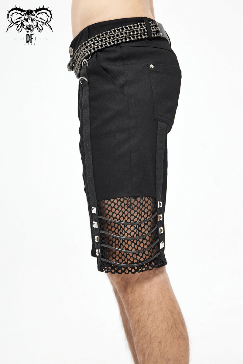 Gothic punk men's black shorts with mesh inserts and silver rivets for a stylish alternative look.