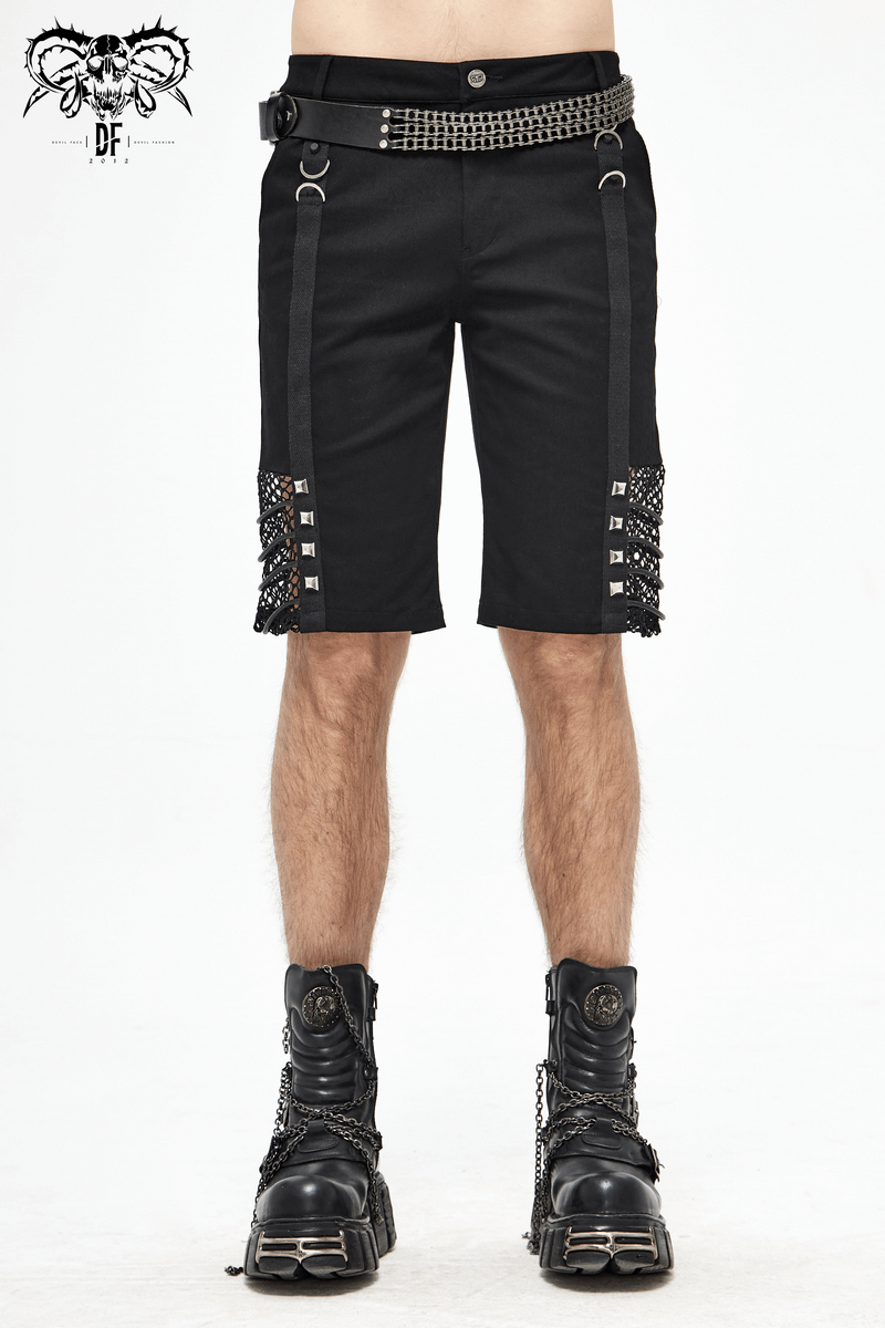 Men's gothic punk rivets mesh shorts in black, perfect for alternative fashion with stylish details.