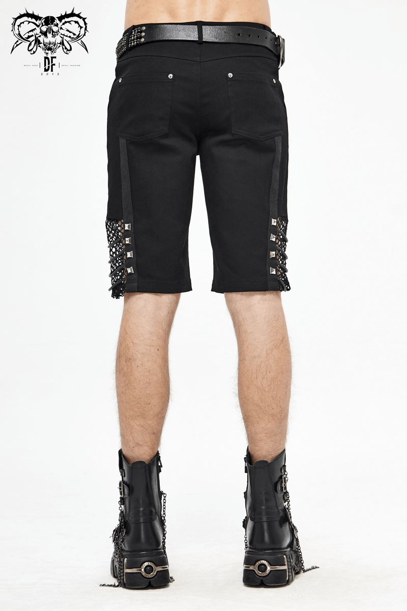 Men's black gothic punk rivet mesh shorts showcasing stylish back design and edgy details, perfect for alternative fashion.