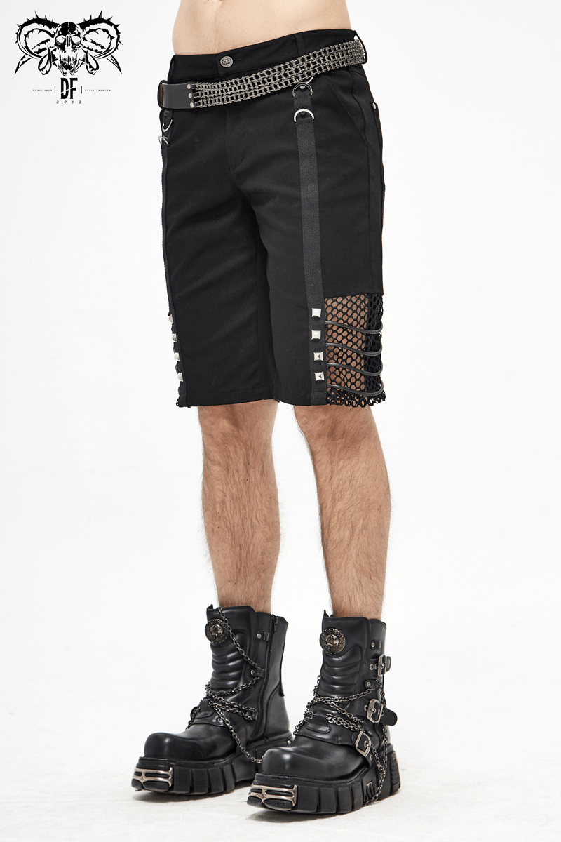 Gothic punk mesh shorts for men with rivets, stylish black alternative clothing for edgy fashion.