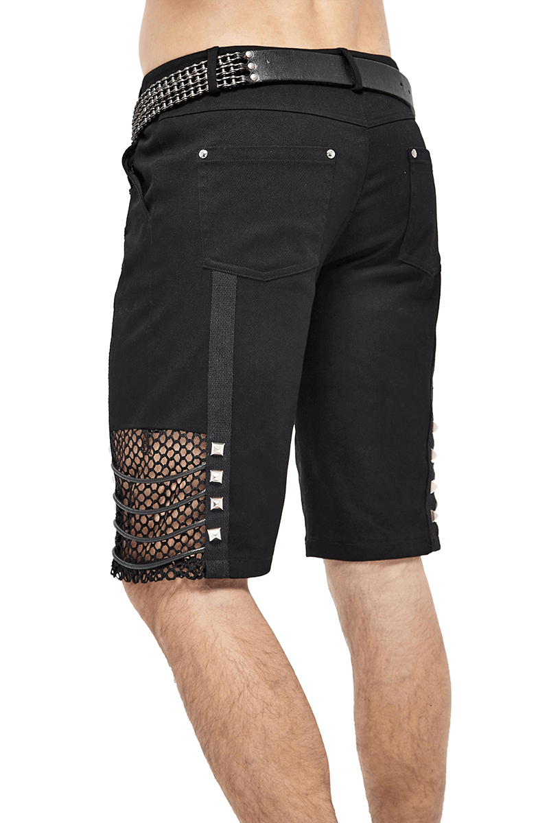 Gothic punk men's black shorts with mesh inserts and silver rivets, perfect for an edgy alternative style.