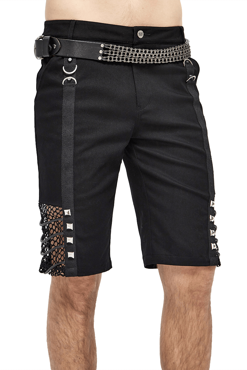 Men's Gothic punk black shorts featuring mesh inserts and silver rivets for a stylish alternative look.