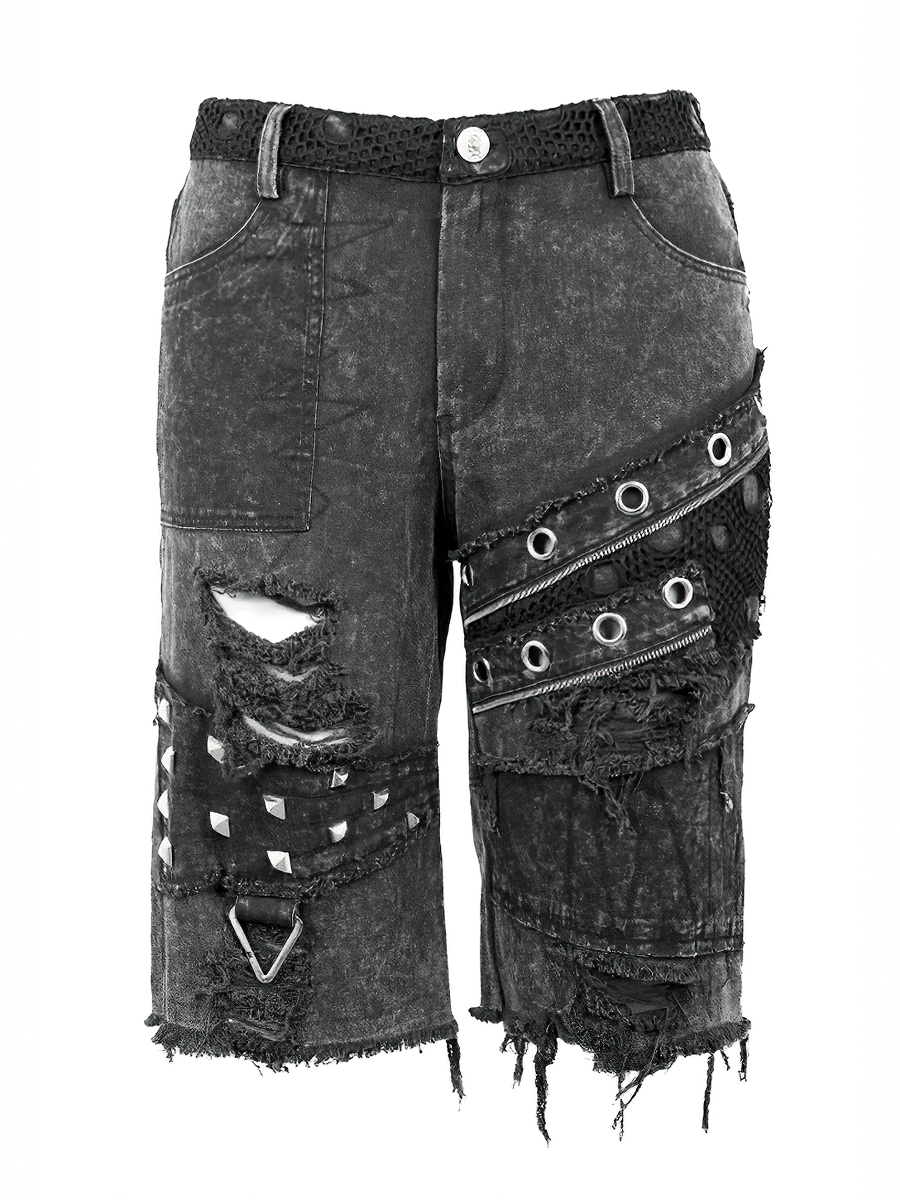 Men's black denim ripped shorts with decorative zippers and punk-style rivets, perfect for a stylish look.