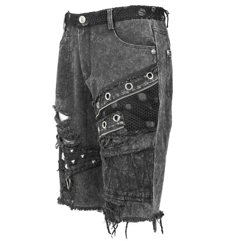 Gothic punk men's black denim shorts with ripped design, silver rivets, and decorative zippers for a stylish look.