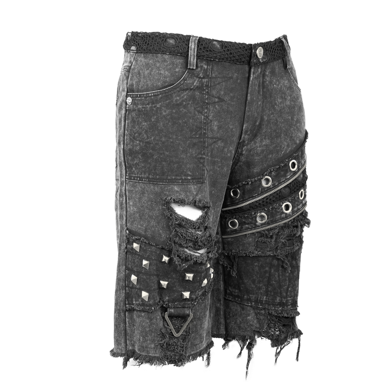 Men's gothic punk rivets ripped black denim shorts with decorative zippers and distressed details.