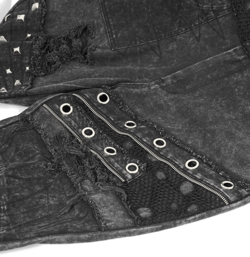 Gothic punk ripped shorts with silver rivets and decorative zippers, showcasing stylish black denim design.