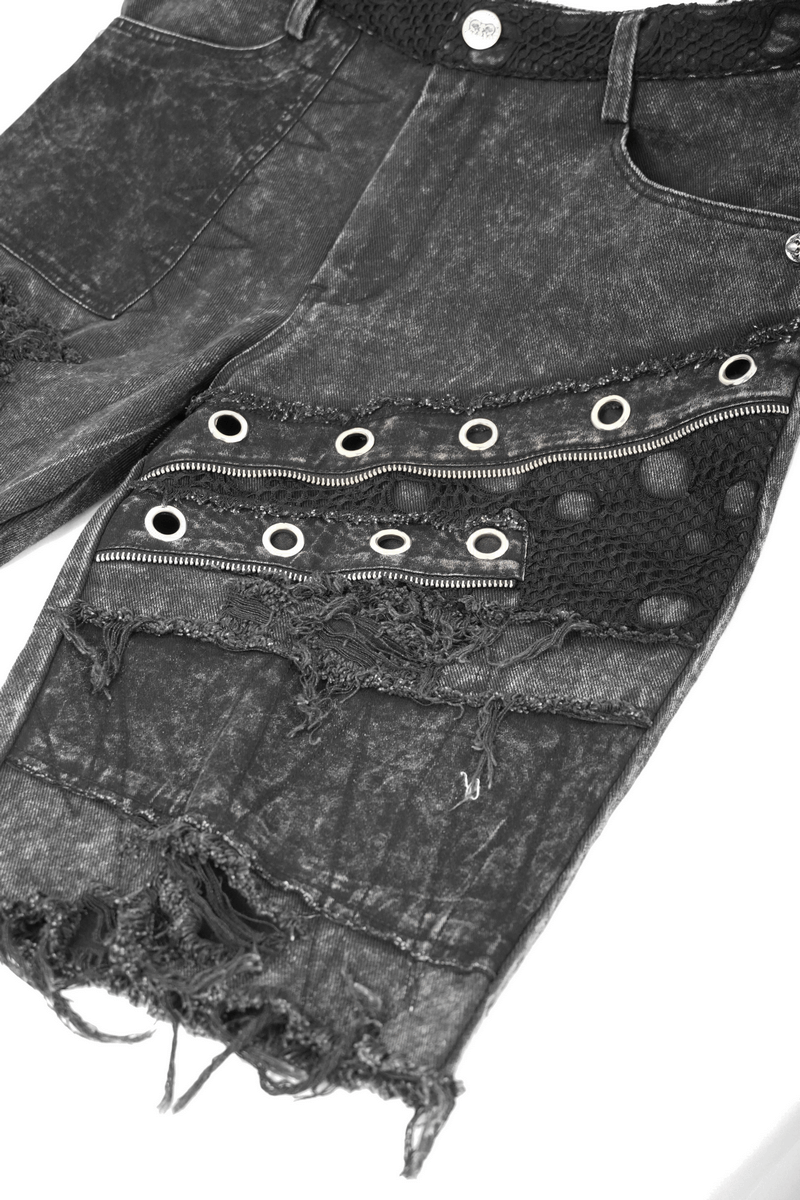 Gothic punk men's black denim shorts with decorative zippers and ripped details.