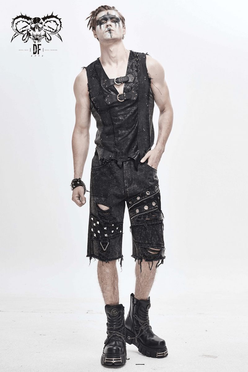 Stylish men's black denim gothic punk shorts with decorative rivets and zippers, perfect for a bold fashion statement.