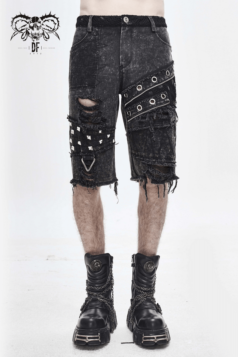 Men's Gothic punk black denim shorts with ripped detailing and decorative zippers, perfect for edgy style.