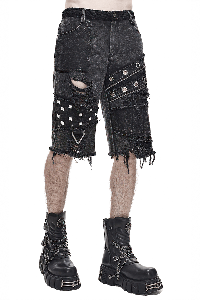 Gothic Punk Rivets Ripped Shorts / Men's Short Pants with Decorative Zippers - HARD'N'HEAVY