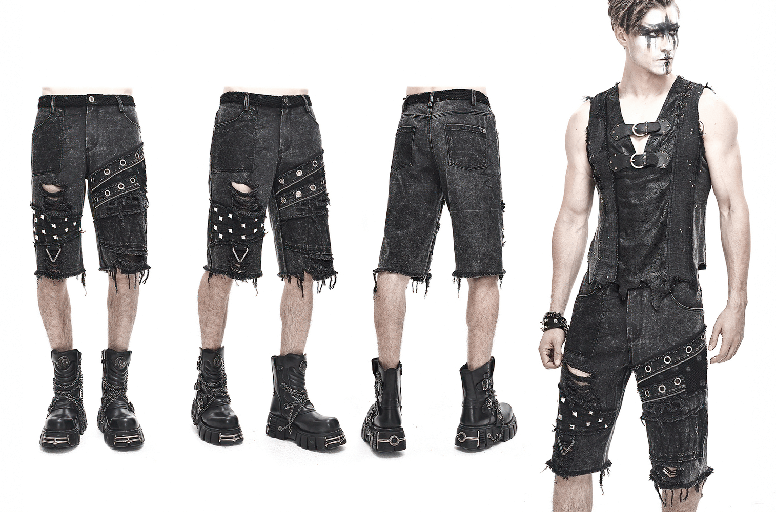 Gothic punk ripped shorts with rivets and decorative zippers, stylish black denim for men, showcasing a unique punk fashion look.