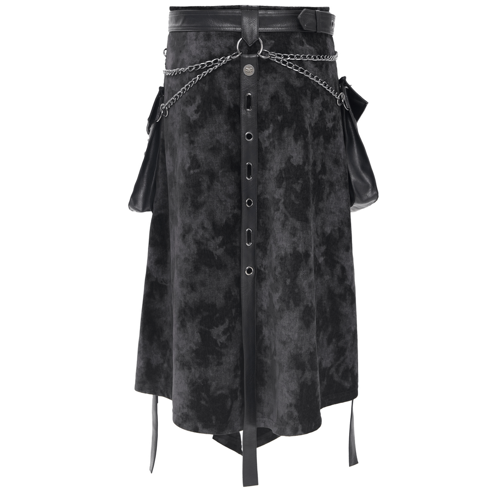 Gothic punk skirt with chains, leather accents, and a daring split design, perfect for alternative fashion lovers.